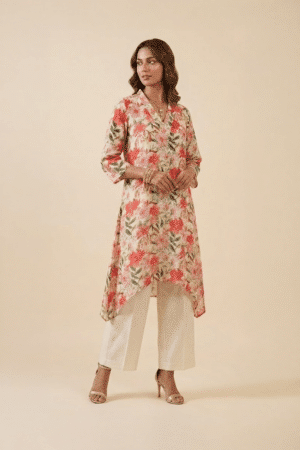 Ivory Floral Kurta Set with V-neck high-low tunic and wide-leg ivory pants