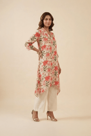 Ivory Floral Kurta Set with V-neck high-low tunic and wide-leg ivory pants