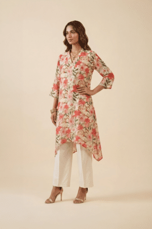 Ivory Floral Kurta Set with V-neck high-low tunic and wide-leg ivory pants