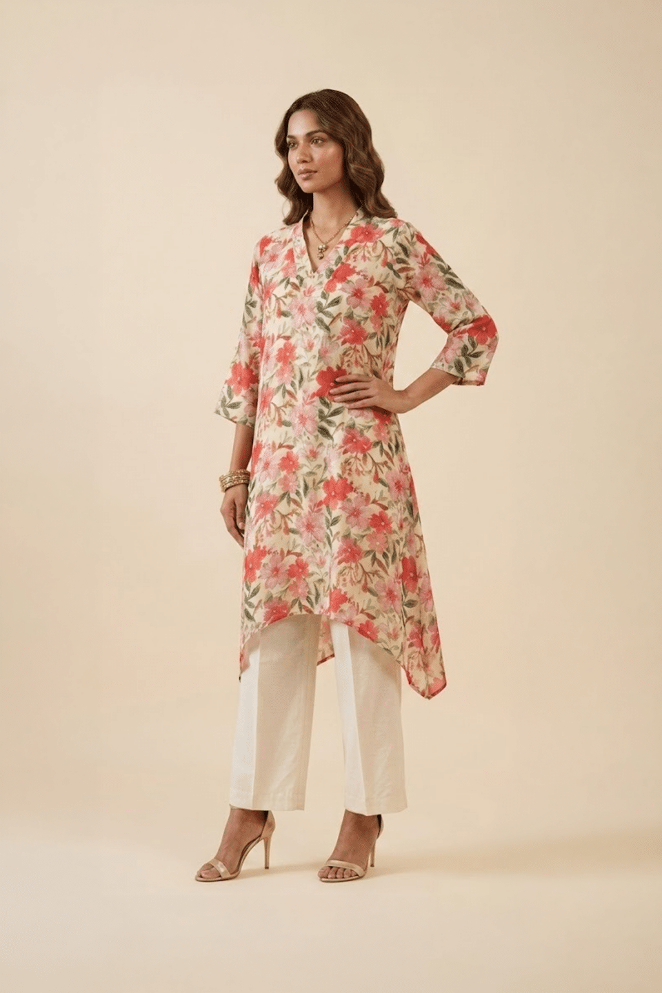 Ivory Floral High-Low Kurta Set