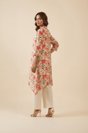 Ivory Floral Kurta Set with V-neck high-low tunic and wide-leg ivory pants