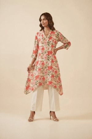 Ivory Floral Kurta Set with V-neck high-low tunic and wide-leg ivory pants