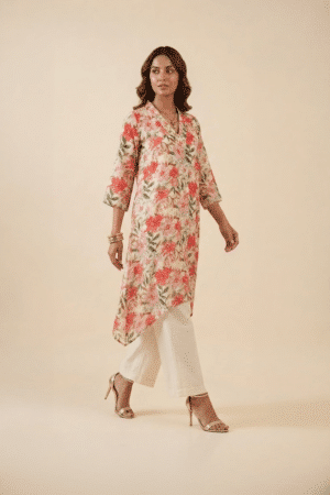 Ivory Floral Kurta Set with V-neck high-low tunic and wide-leg ivory pants