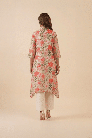 Ivory Floral Kurta Set with V-neck high-low tunic and wide-leg ivory pants