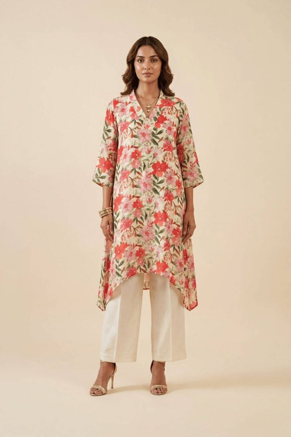 Ivory Floral Kurta Set with V-neck high-low tunic and wide-leg ivory pants