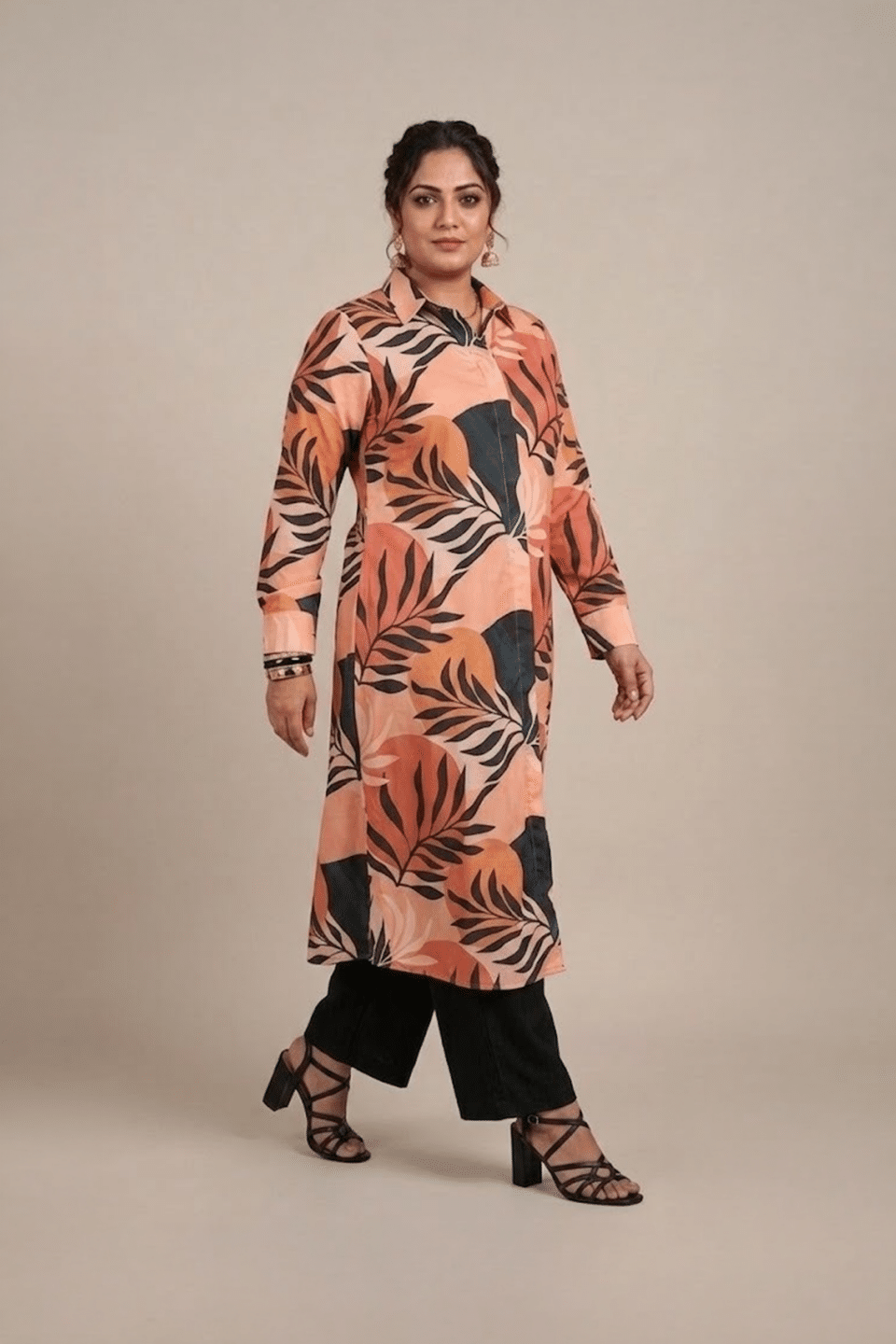 Tropical Leaf Print Long Shirt Plus Size Kurta