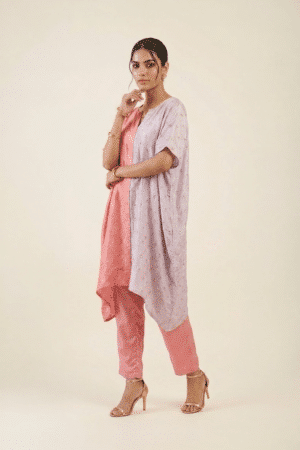 Coral lilac kaftan pant set with embellishments and matching coral pants