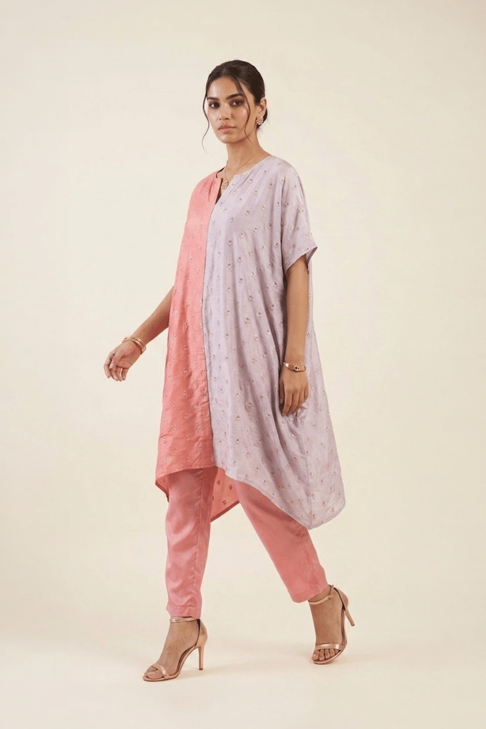 Coral lilac kaftan pant set with embellishments and matching coral pants