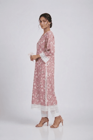 Pink Floral Kurta Set with white lace trim and matching white pants