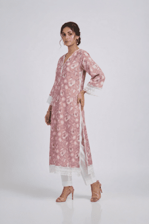 Pink Floral Kurta Set with white lace trim and matching white pants