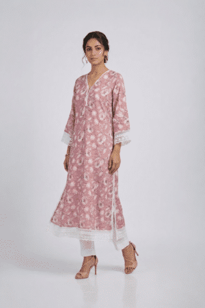 Pink Floral Kurta Set with white lace trim and matching white pants