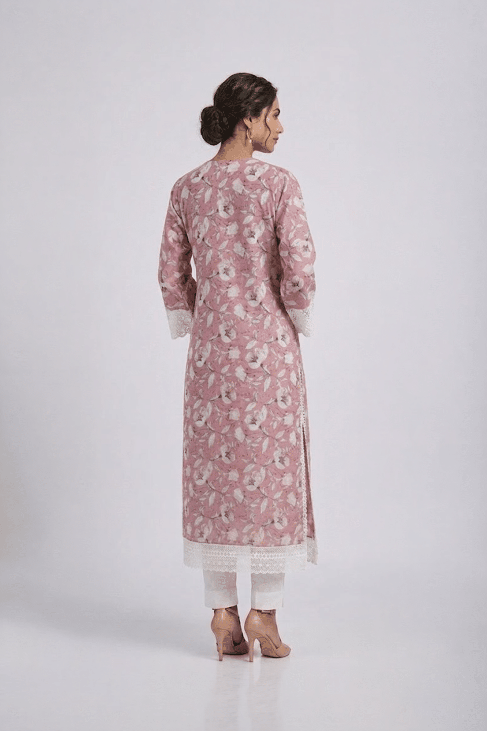 Pink Floral Kurta Set with white lace trim and matching white pants