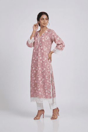 Pink Floral Kurta Set with white lace trim and matching white pants
