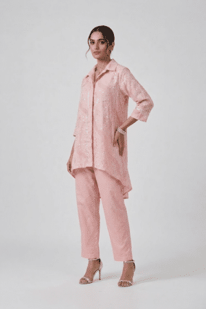 Pink Sequin Tunic Set with collared high-low top and matching straight pants