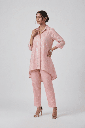 Pink Sequin Tunic Set with collared high-low top and matching straight pants