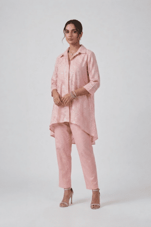 Pink Sequin Tunic Set with collared high-low top and matching straight pants