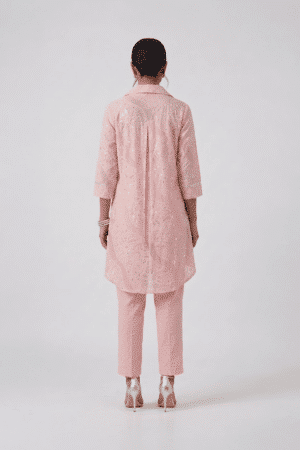 Pink Sequin Tunic Set with collared high-low top and matching straight pants