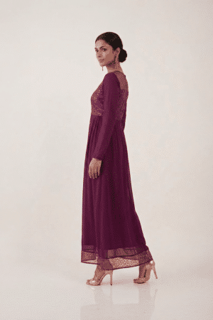 Plum Embellished Maxi Dress with sequin bodice, lace yoke and long sleeves