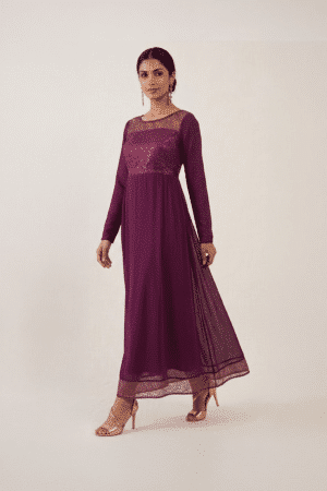 Plum Embellished Maxi Dress with sequin bodice, lace yoke and long sleeves