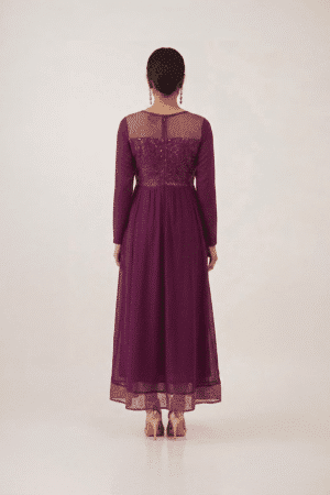 Plum Embellished Maxi Dress with sequin bodice, lace yoke and long sleeves