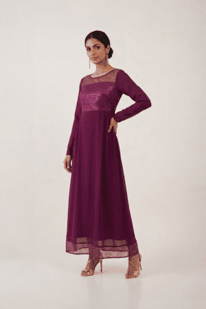 Plum Embellished Maxi Dress with sequin bodice, lace yoke and long sleeves