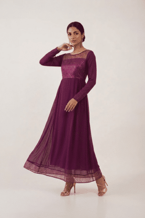Plum Embellished Maxi Dress with sequin bodice, lace yoke and long sleeves