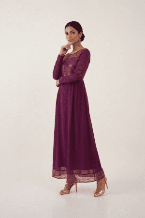Plum Embellished Maxi Dress with sequin bodice, lace yoke and long sleeves