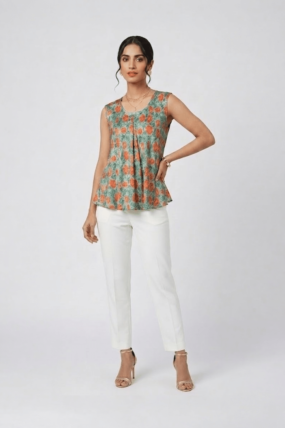 Sage Green Floral Pleated Top