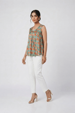 Sage green floral top with coral print and front pleats