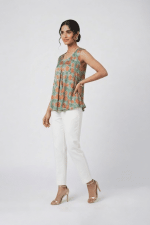 Sage green floral top with coral print and front pleats