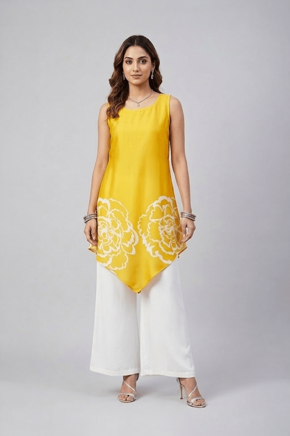 Yellow Floral Asymmetric Tunic Set